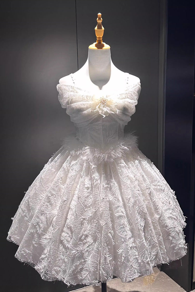 White [Moonlight] Off Shoulder Jacquard Embroidered Bow Gothic Lolita Jsk Short Dress - Product - 3