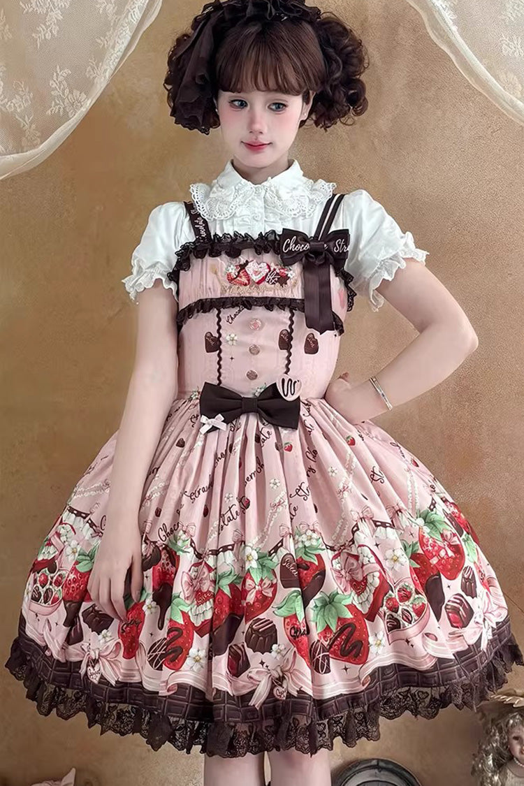 Pink [Strawberry Chocolate Lover] Sleeveless Printed Ruffled Embroidered Bow Lace Sweet Lolita Jsk Dress - Product - 15
