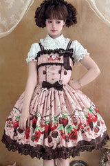 Pink [Strawberry Chocolate Lover] Sleeveless Printed Ruffled Embroidered Bow Lace Sweet Lolita Jsk Dress - Product - 15