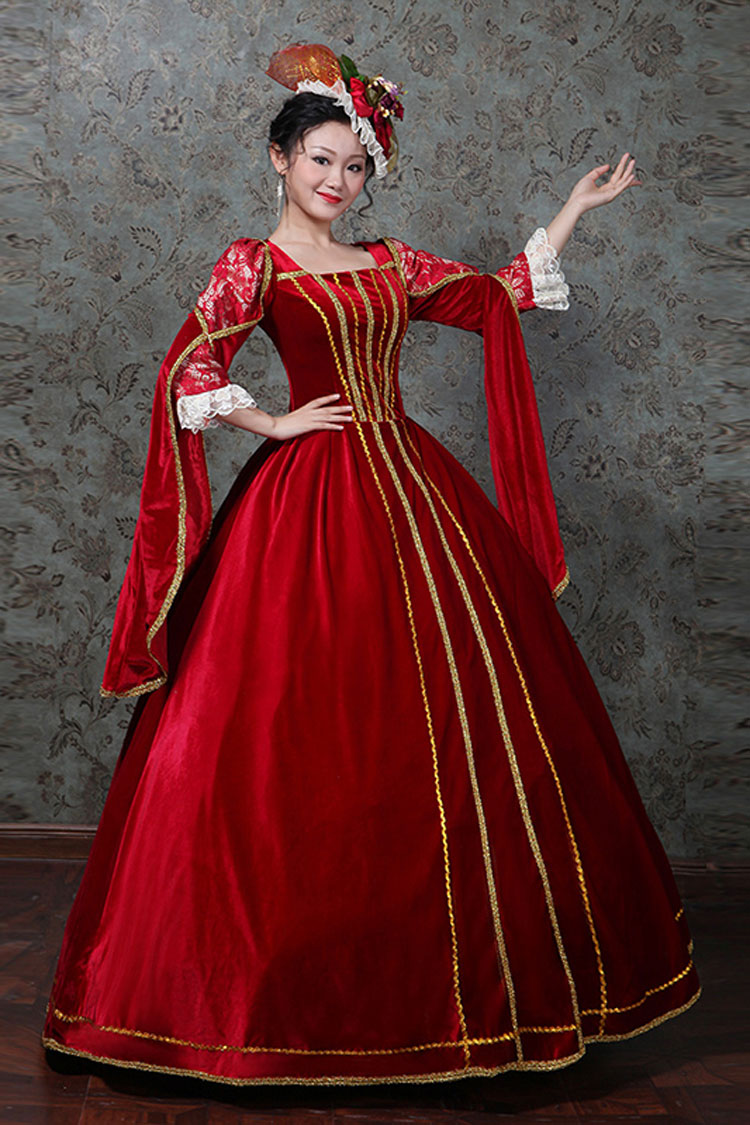 Red Hollow Embroidery Floral Print Half Sleeves High Waisted Victorian Lolita Prom Dress - Product - 3