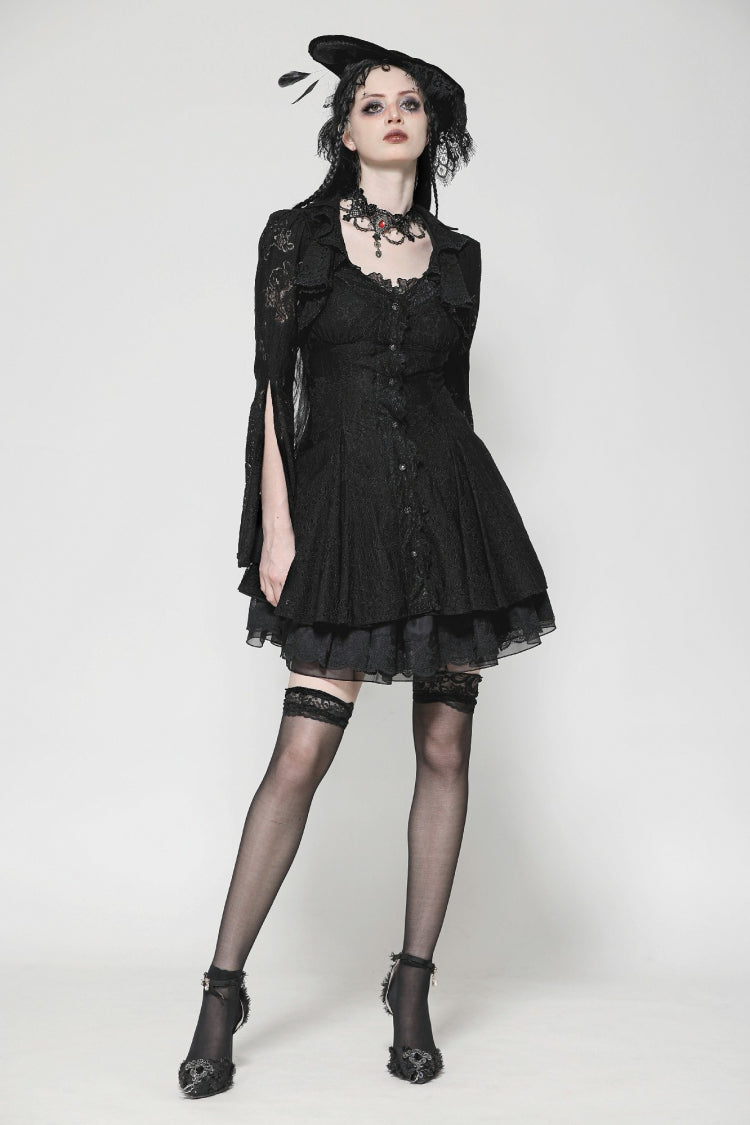 Black Long Trumpet Sleeves Embroidered Lace Lace-Up Women's Gothic Honeymoon Dress - Product - 7