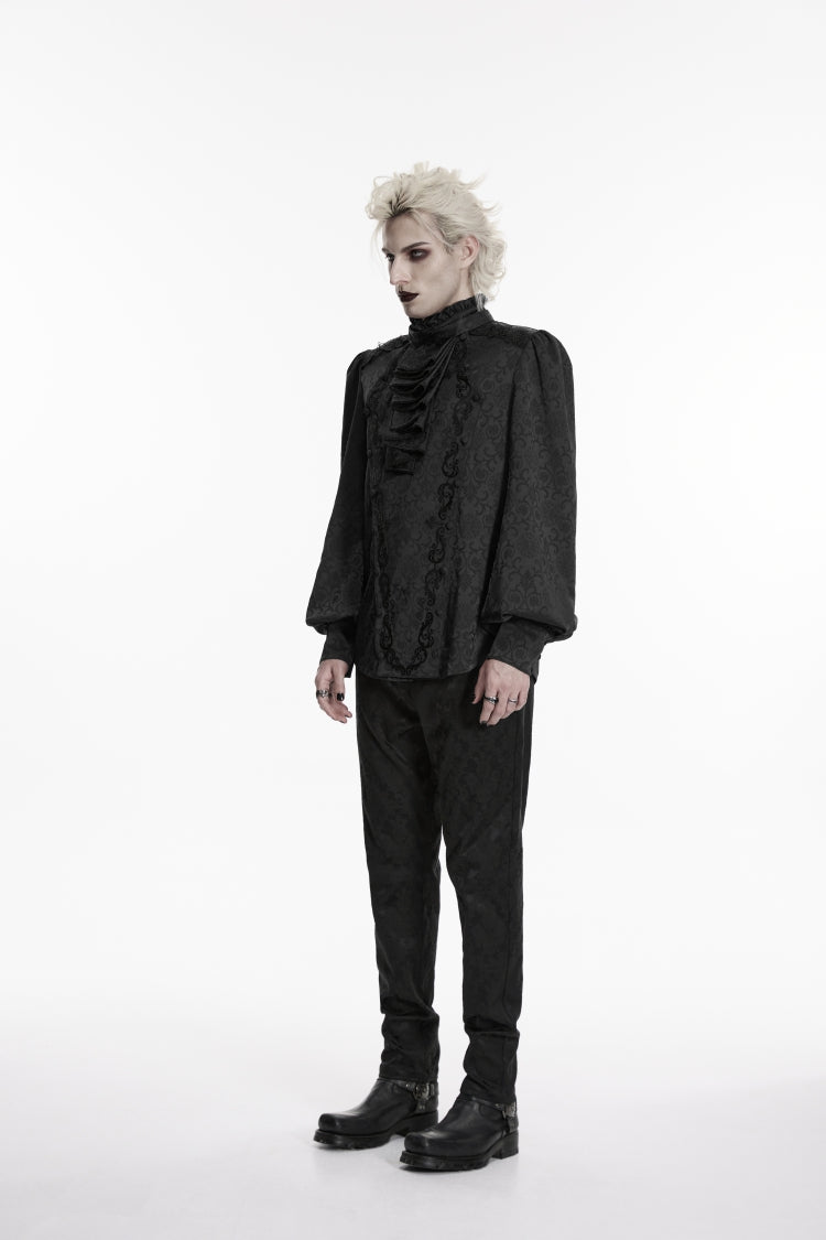 Black Stand Collar Long Lantern Sleeves Jacquard Embroidered  Men's Gothic Palace Shirt with Detachable Tie - Product - 3