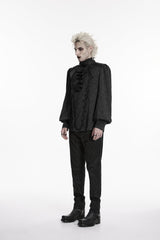 Black Stand Collar Long Lantern Sleeves Jacquard Embroidered  Men's Gothic Palace Shirt with Detachable Tie - Product - 3