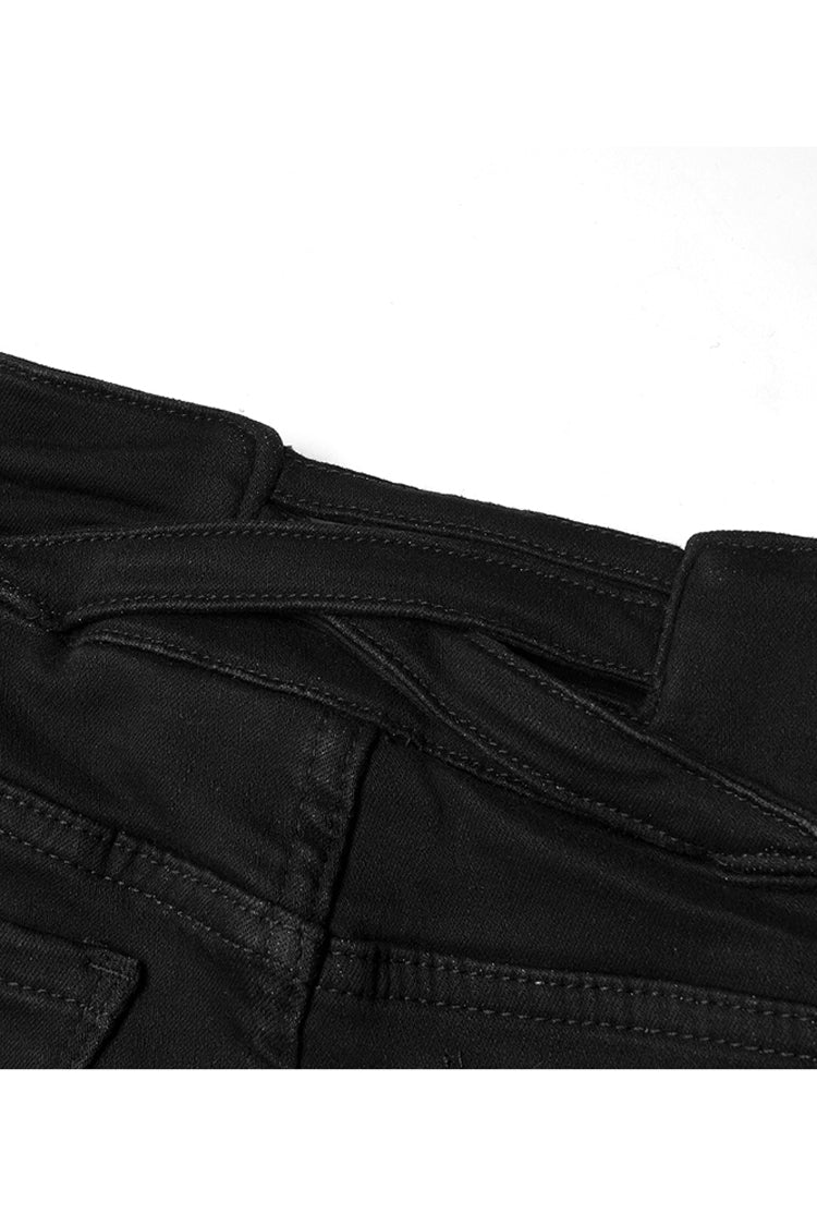 Black Triangular Metal Decorative Sheet Back Crossed Straps Tight Fit Punk Women's Denim Pants - Product - 9