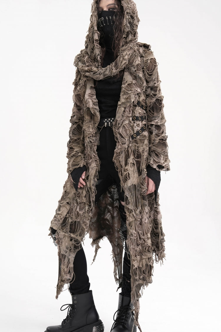 Brown Long Sleeves Hooded Women's Punk Eyelets Zip Cape - Product - 10