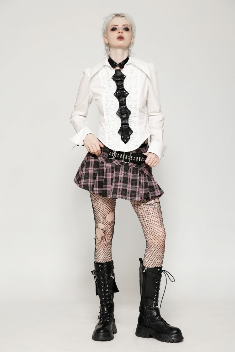 Pink/Brown Buckled Plaid Women's Punk Pleated Mini Skirt - Product - 9