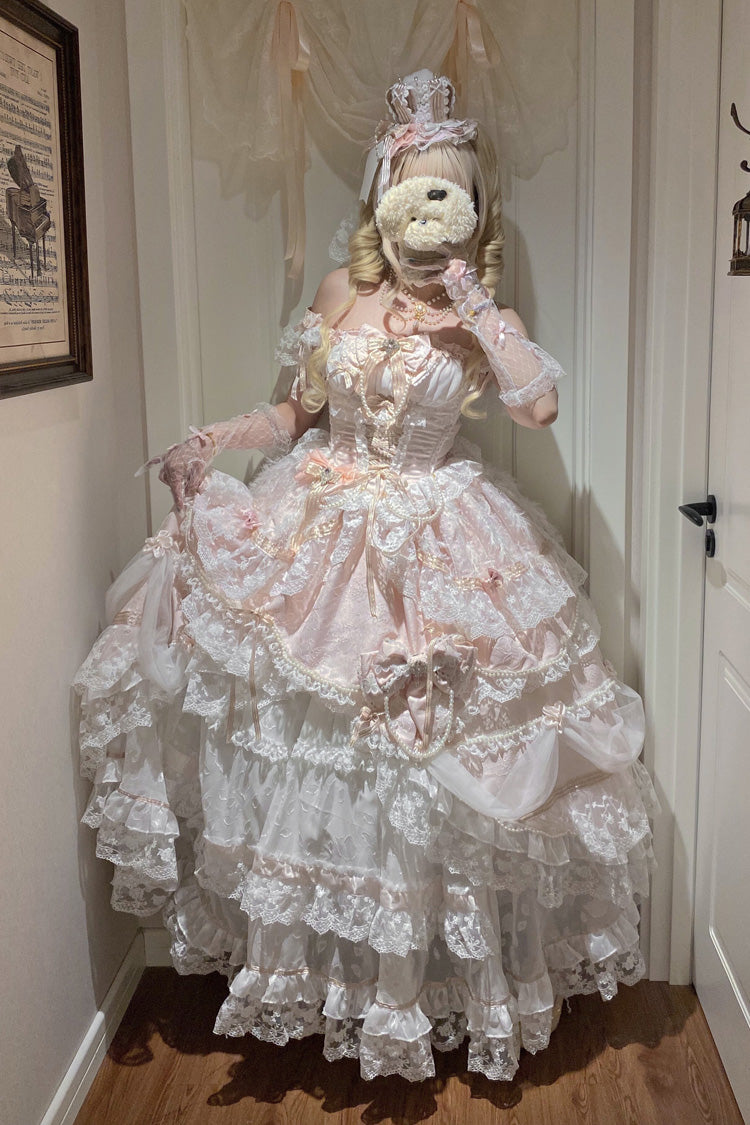 Pink [Anna’s Ball] Square Collar Ruffled Hanayome Bow Lace Sweet Princess Ballet Lolita Jsk Dress - Product - 10
