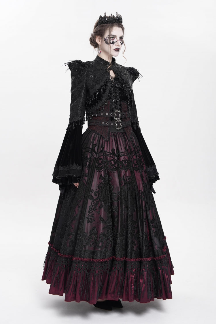 Black Long Sleeves Floral Embroidery Women's Gothic Beaded Frog Short Jacket - Product - 5