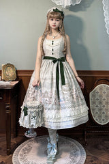 [Iris Study] V Collar Sleeveless Print Bowknot Lace Sweet Lolita Jumper Dress 2 Colors - Green - 1