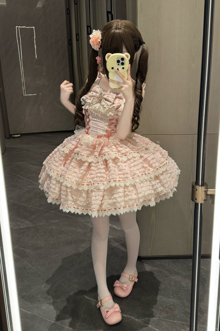 Pink [Song of Floral Letters] Sleeveless Triple-Layered Bowknot Lace-Up Sweet Lolita Jsk Dress - Product - 2