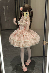 Pink [Song of Floral Letters] Sleeveless Triple-Layered Bowknot Lace-Up Sweet Lolita Jsk Dress - Product - 2