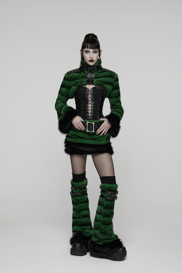 Green Women's Punk Faux Fur Skirt with Belt - Product - 13