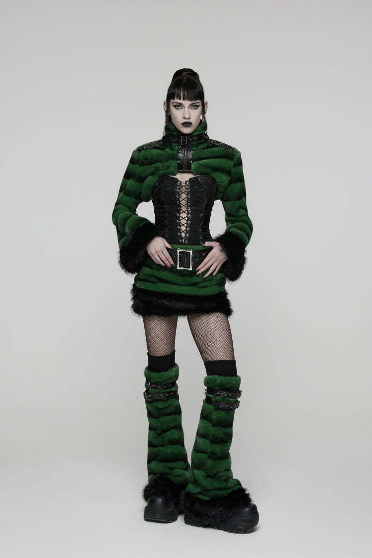 Green Women's Punk Faux Fur Skirt with Belt - Product - 13