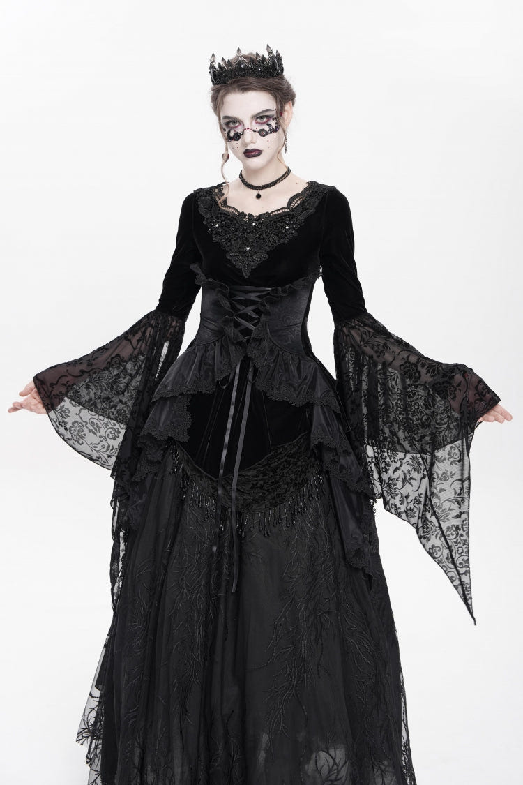 Black Long Sleeves Lace-Up Beaded Pleated Women's Gothic Blouse - Product - 12