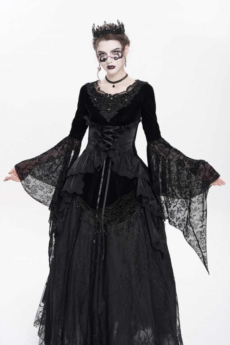 Black Long Sleeves Lace-Up Beaded Pleated Women's Gothic Blouse - Product - 12