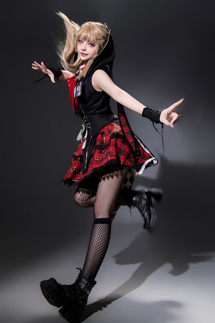 Black/Red [Rock Bunny] Sleeveless Double-Layered Embroidery Hooded Punk Lolita Skirt Set - Product - 4