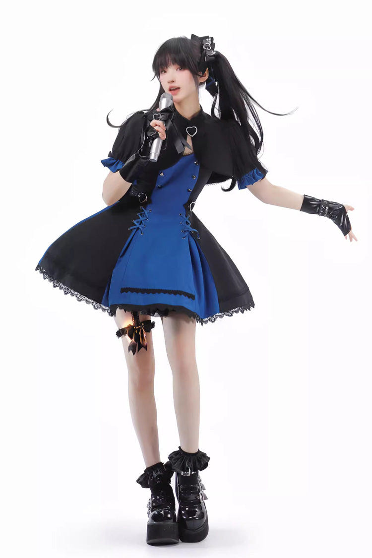Black/Blue [Night Liana] Ruffle Bowknot Lace-Up Sweet Japanese Lolita Jumper Dress Set - Product - 9