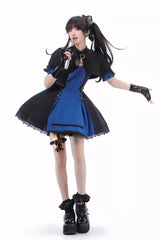Black/Blue [Night Liana] Ruffle Bowknot Lace-Up Sweet Japanese Lolita Jumper Dress Set - Product - 9