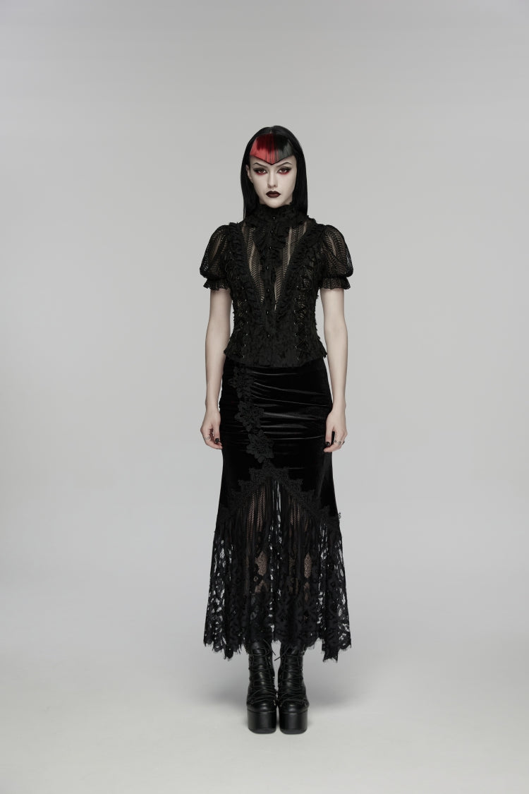 Black Embroidered Lace Slim Women's Gothic Fishtail Velvet Skirt - Product - 1