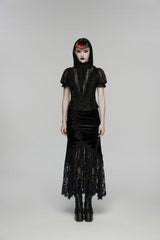 Black Embroidered Lace Slim Women's Gothic Fishtail Velvet Skirt - Product - 1