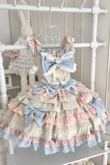 Blue/Pink/Ivory [Candied Pastry Crisp] Multi-Layered Ruffled Bow Sweet Lolita Jsk Dress - Product - 4