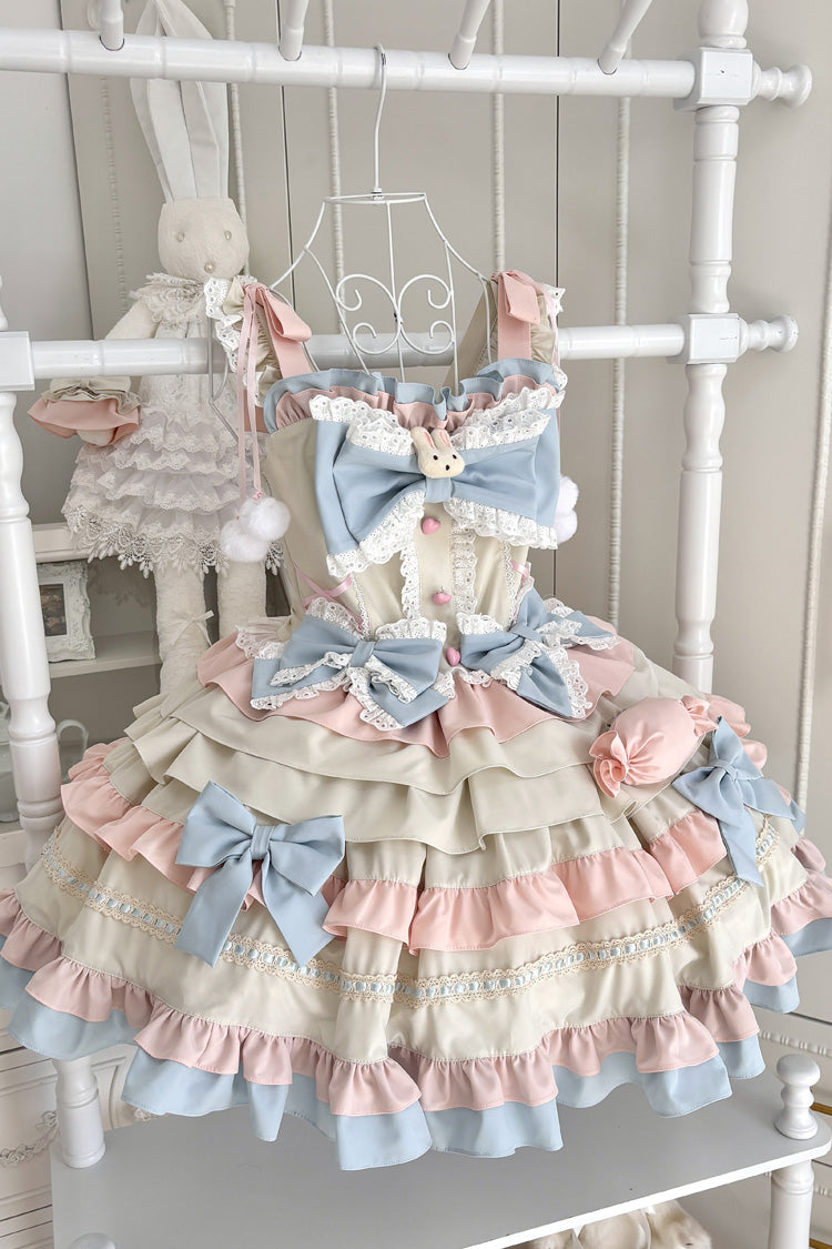 Blue/Pink/Ivory [Candied Pastry Crisp] Multi-Layered Ruffled Bow Sweet Lolita Jsk Dress - Product - 4