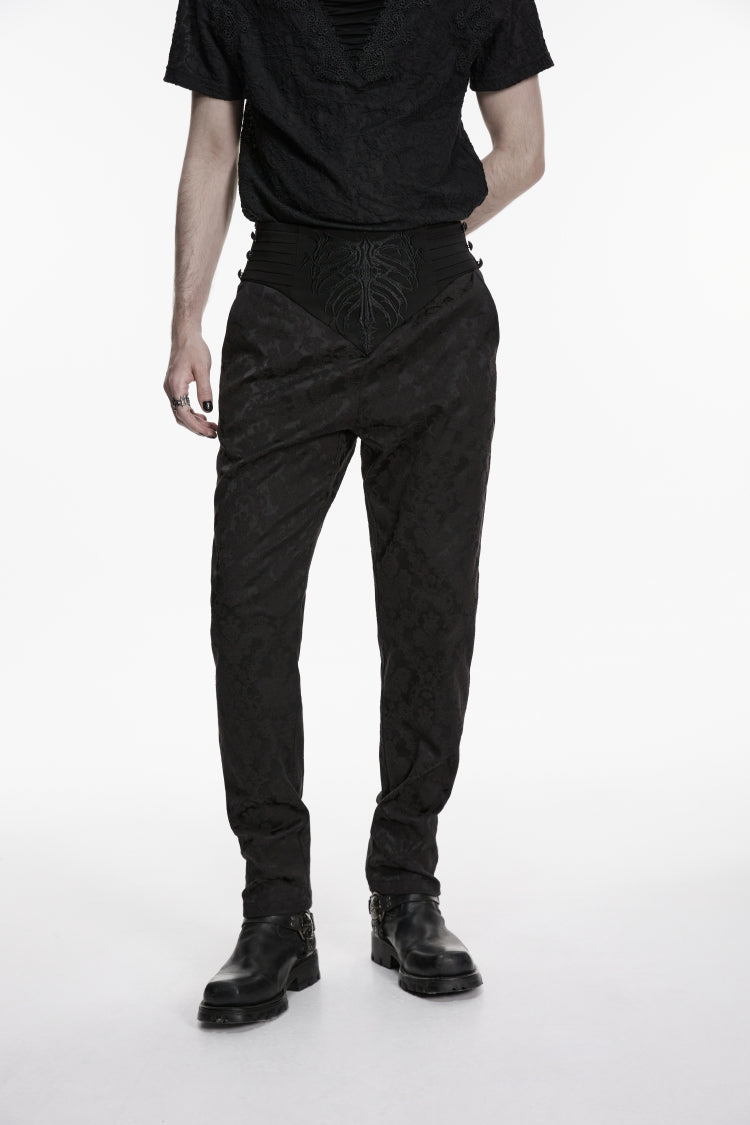Black Embroidered Slim Pleated Men's Gothic Pants - Product - 7
