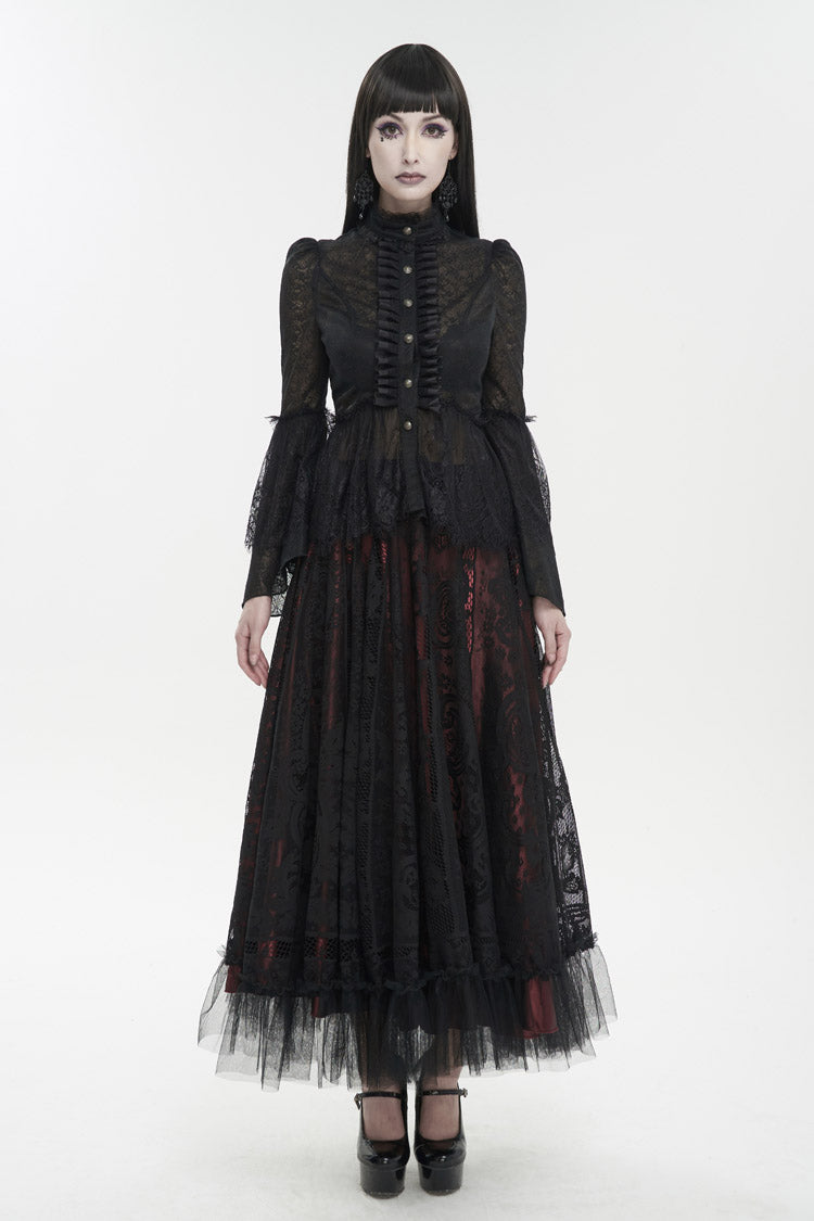 Black Lace Round Collar Flared Sleeved Women's Gothic Shirt - Product - 3