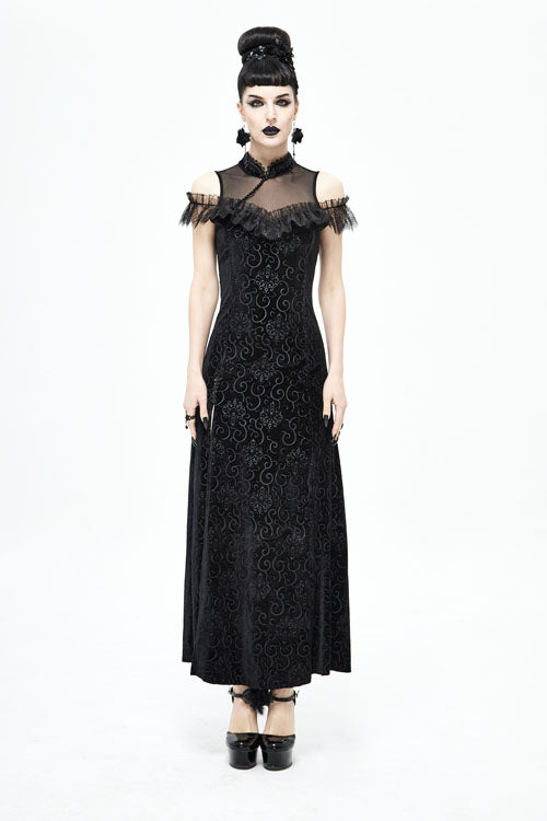 Black Cheongsam Velvet Three Dimensional Print Gothic Dress - Product - 4