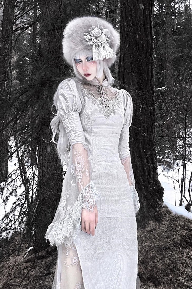 Silver [The Call of the Snow Country] V Collar Long Sleeves High Waisted Ruffle Lace Gothic Lolita Fishtail Dress - Product - 5