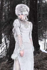 Silver [The Call of the Snow Country] V Collar Long Sleeves High Waisted Ruffle Lace Gothic Lolita Fishtail Dress - Product - 5
