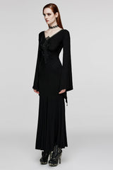 Black V Collar Long Sleeves Floral Embroidery Women's Gothic Dress - Product - 2