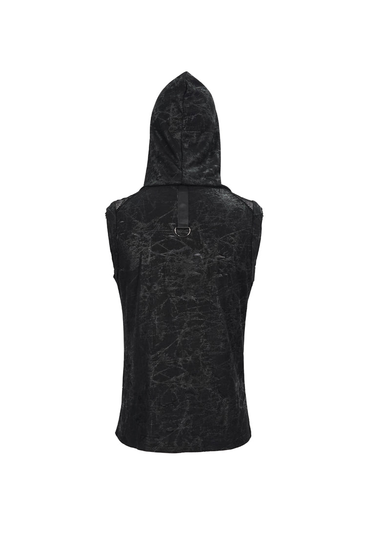 Black Skull Hollowed Out Print Stitched Sleeveless Chain Hoodie Men's Punk Shirt - Product - 9