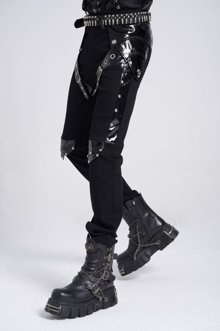 Black Armor Patent Leather Stitching Men's Punk Pants - Product - 5