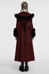 Red Long Sleeves Faux Fur Stitching Lace-Up Detachable Women's Gothic Coat - Product - 3