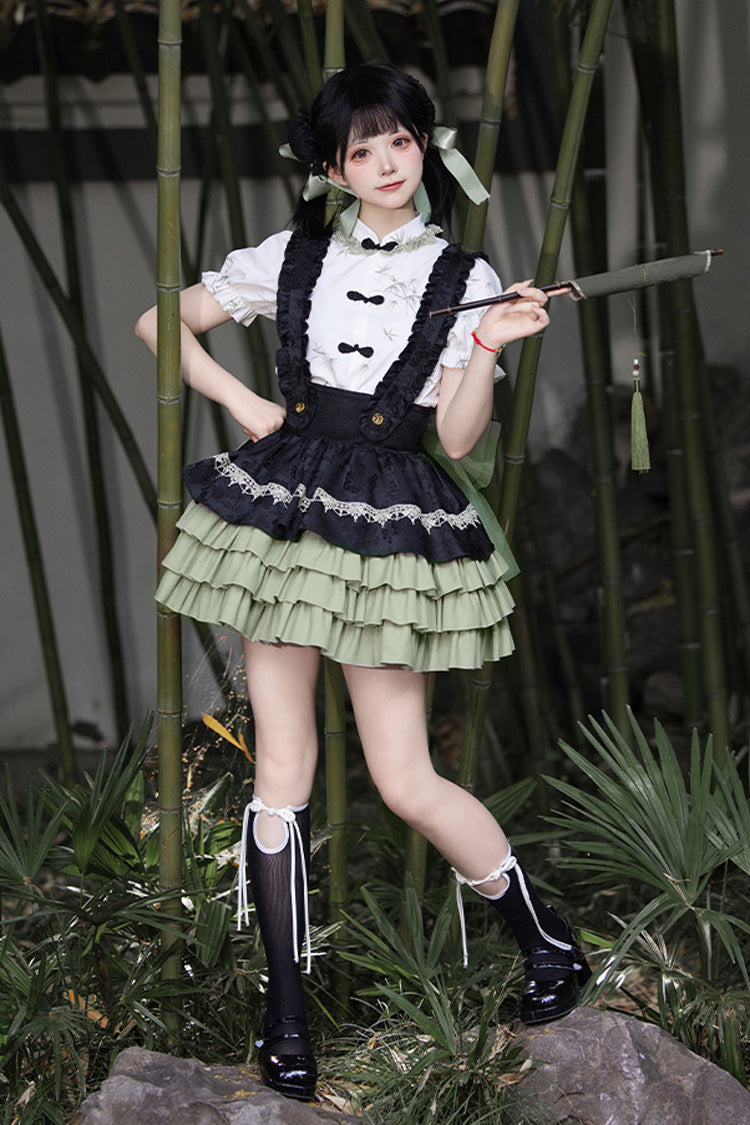 Black/Green Multi-Layered Bamboo Leaves Print Ruffle Bowknot Sweet Chinese Style Lolita Skirt Set - Product - 4