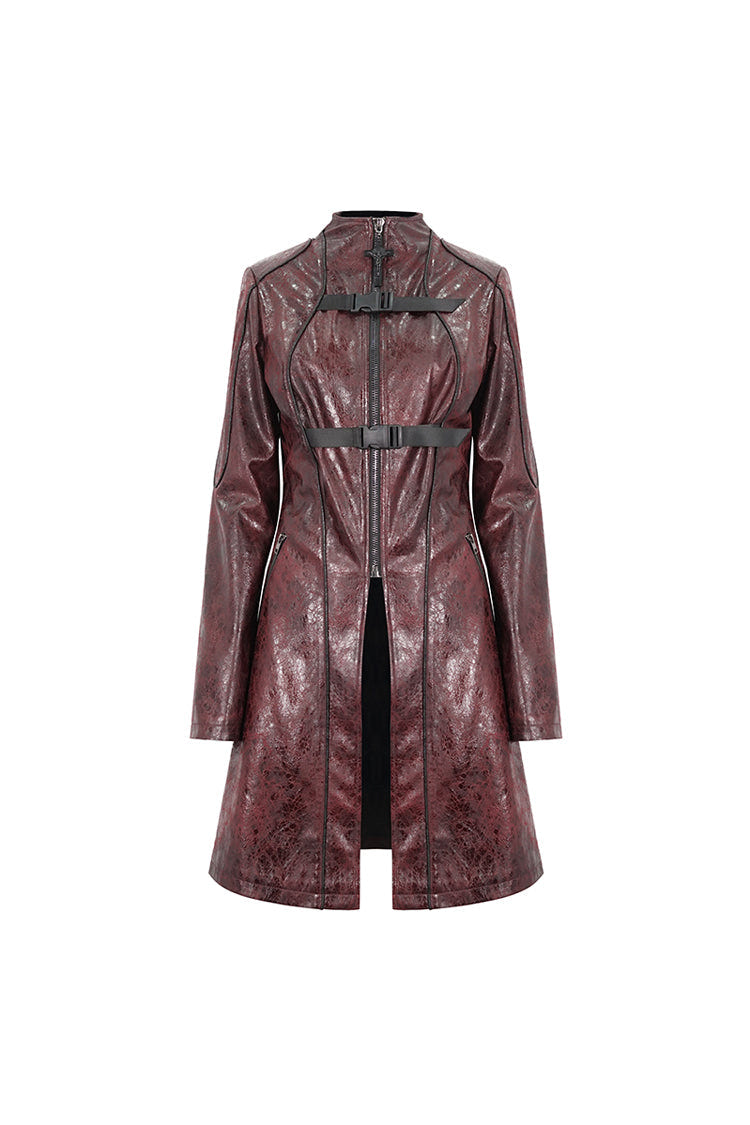 Red Double Buckle Faux Leather Long Women's Punk Coat - Product - 9