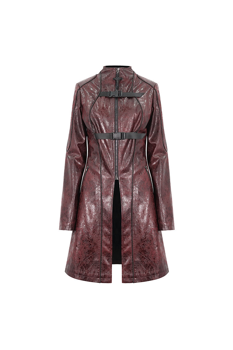 Red Double Buckle Faux Leather Long Women's Punk Coat - Product - 9