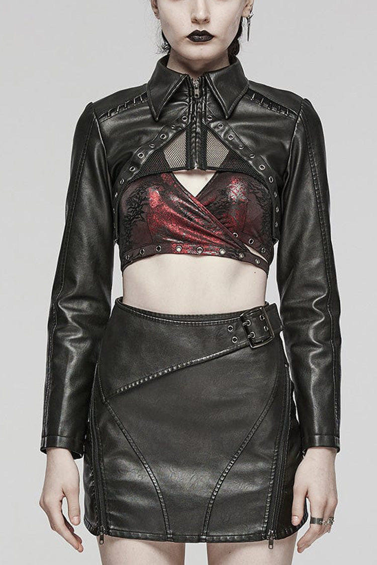 Black Faux Leather Long Sleeves Hollow Stitching Womens Steampunk Short Coat - Black - 1