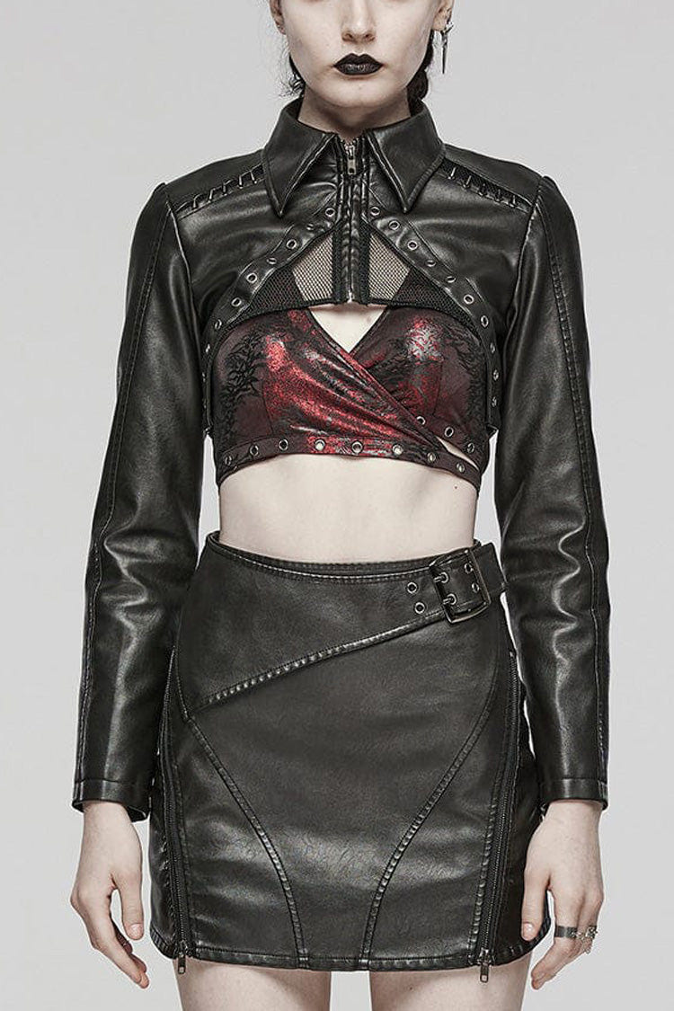 Black Faux Leather Long Sleeves Hollow Stitching Womens Steampunk Short Coat - Black - 1