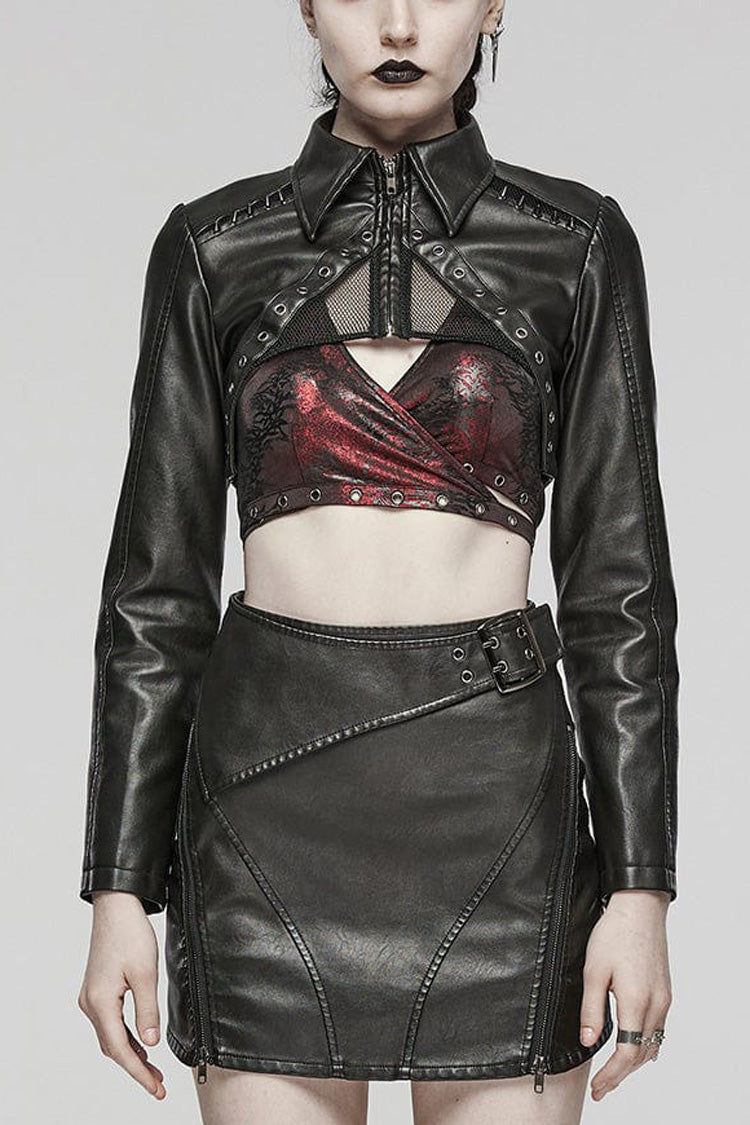 Black Faux Leather Long Sleeves Hollow Stitching Womens Steampunk Short Coat - Black - 1