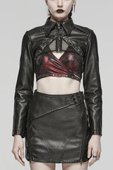 Black Faux Leather Long Sleeves Hollow Stitching Womens Steampunk Short Coat - Black - 1