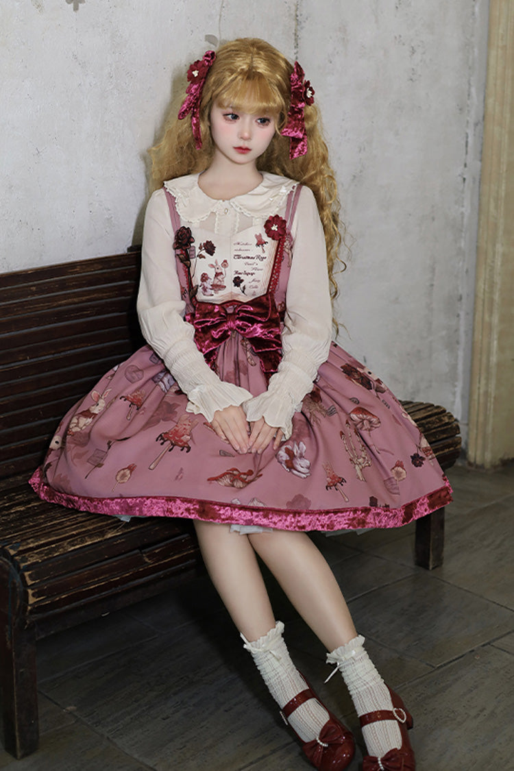 Red Sleeveless Rabbit Sunflower Print Ruffle Embroidery Bowknot Sweet Lolita Jsk Dress Short Version - Product - 4