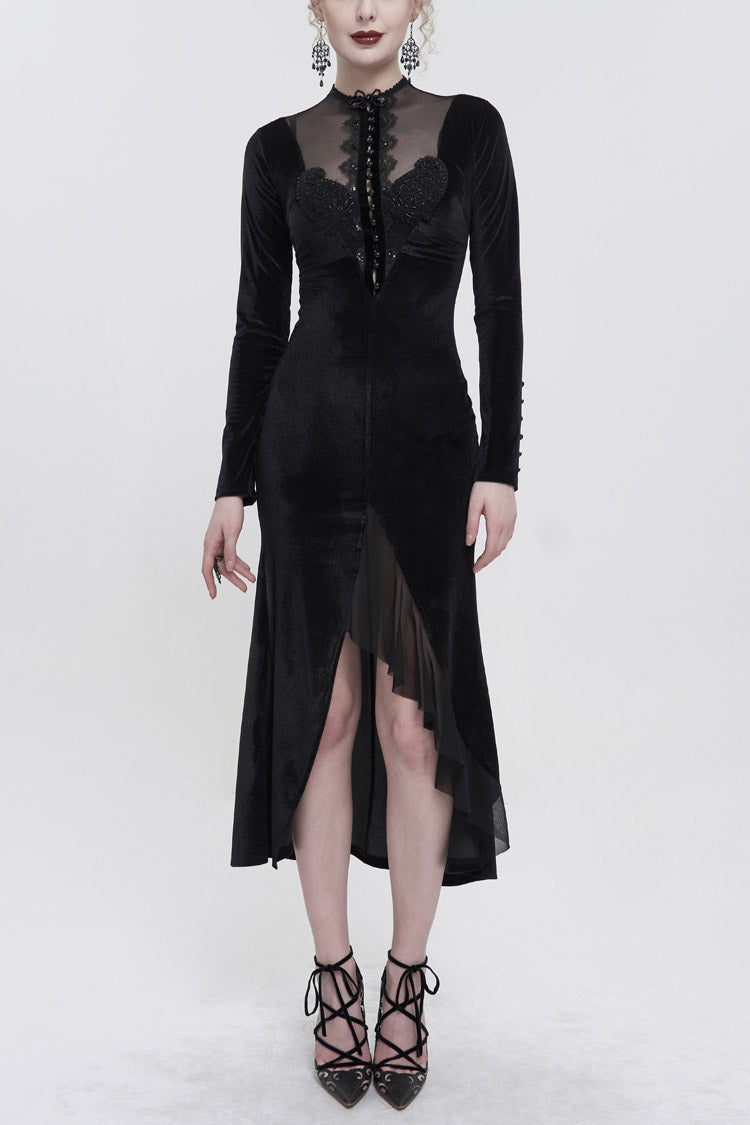 Black Small Stand Collar Cashew Paisley Lace On Chest Mesh Paneled Asymmetrical Hem Long Sleeve Women's Gothic Dress - Black - 1