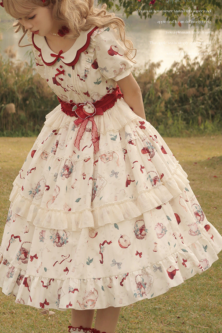 White Apple Tea Print Short Sleeves Country Style Ruffle Bowknot Sweet Lolita Dress - Product - 14