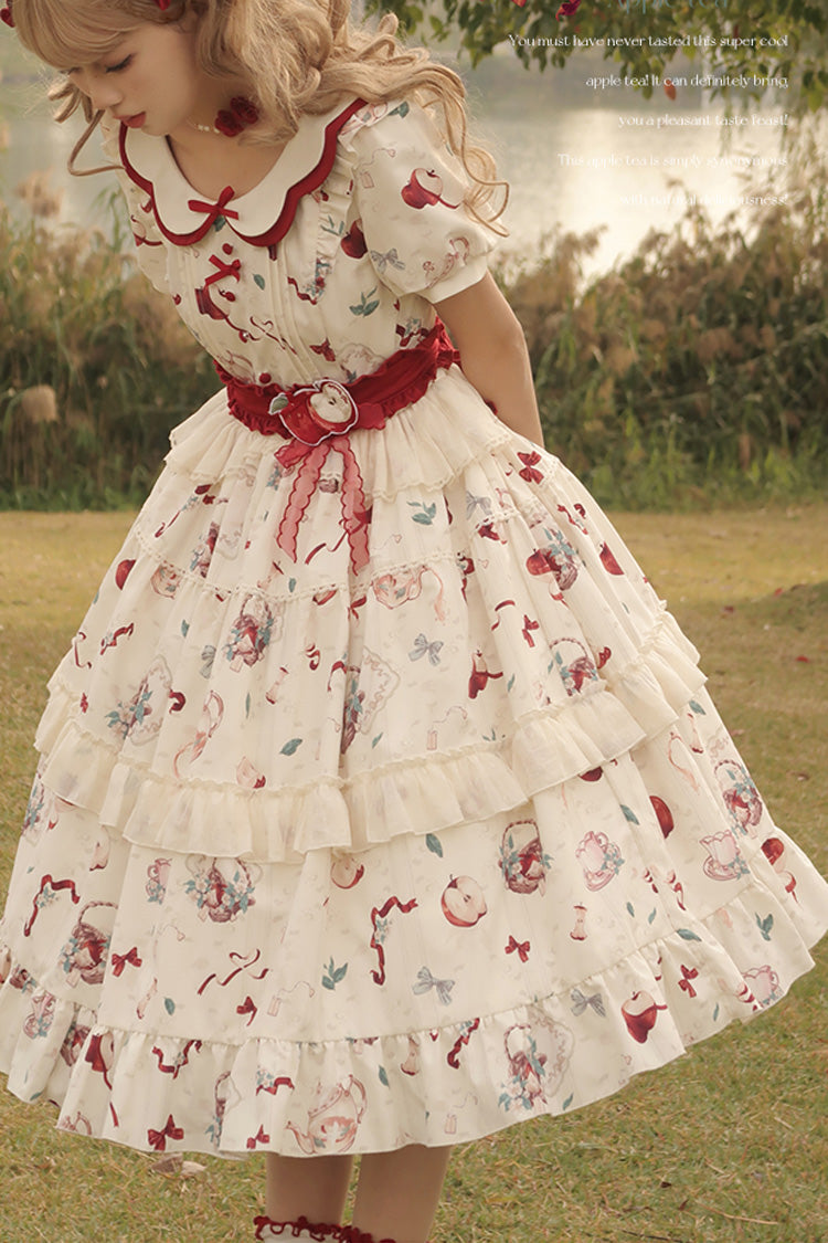 White Apple Tea Print Short Sleeves Country Style Ruffle Bowknot Sweet Lolita Dress (Plus Size Version) - Product - 14