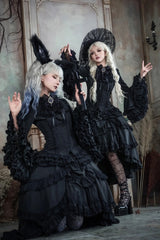 Black [Immortal Phoenix] Long Hime Sleeves Multi-Layered Ruffled Bow Lace-Up Gothic Lolita Skirt Dress Set - Product - 5