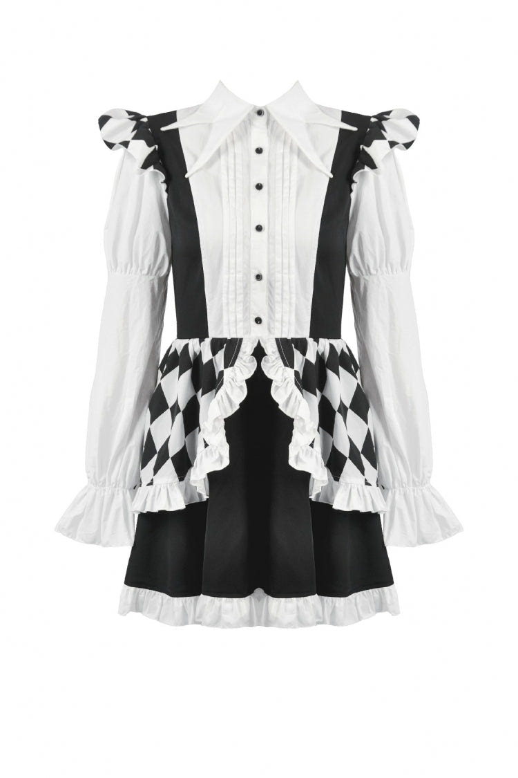 Black/White Harlequin Sharp Point Collar Long Puff Sleeves Women's Lolita Gothic Dress - Product - 3