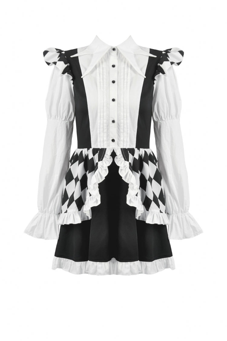 Black/White Harlequin Sharp Point Collar Long Puff Sleeves Women's Lolita Gothic Dress - Product - 3