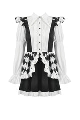 Black/White Harlequin Sharp Point Collar Long Puff Sleeves Women's Lolita Gothic Dress - Product - 3